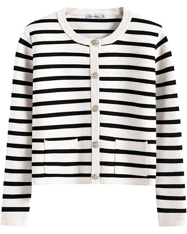 ANRABESS Women Striped Cardigan Sweaters Button Down Cropped Knit Lady Jackets Coat 2025 Fall Out... | Amazon (US)