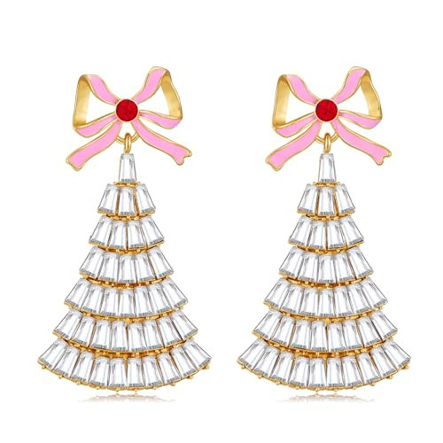 CLASSYZINT Christmas Earrings For Women Christmas Tree Earrings with Pink Bow White Rhinestones Holiday Drop Earrings Jewelry Gifts | Amazon (US)