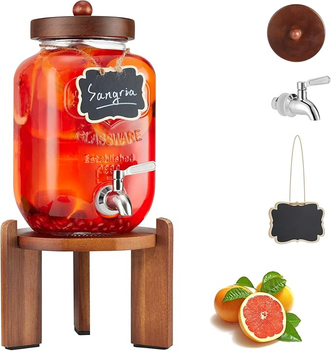 1 Gallon Glass Drink Dispenser with Wood Stand,Beverage Dispenser for Fridge with 18/8 Stainless ... | Amazon (US)