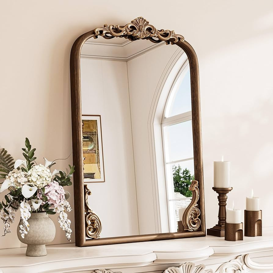 TETOTE Vintage Gold Arched Mirror for Wall 16 x 24 Antique Brass Frame Baroque French Ornate Mant... | Amazon (US)