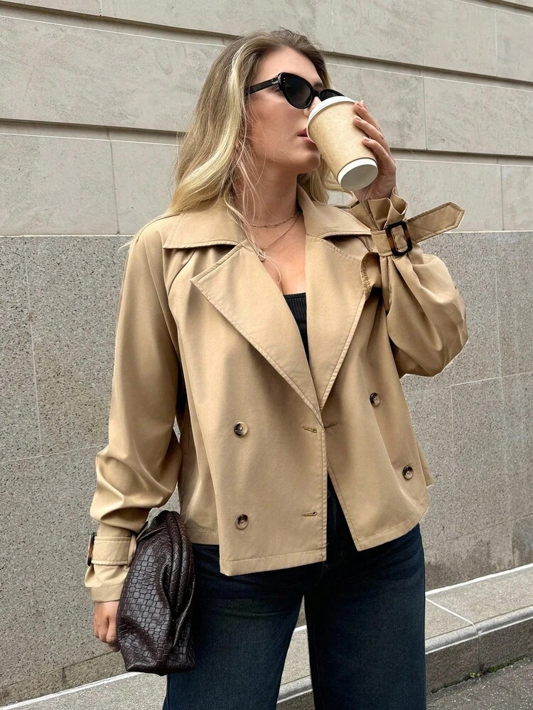 Auralis Plus Size Women's Autumn And Winter Fashion Casual Loose Comfortable Daily Basic Versatile Classic Khaki Short Windbreaker Jacket,Fall Outfits,Simle Style,Winter Coats | SHEIN