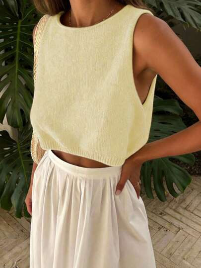 Women Simple Round Neck Solid Color Knitted Vest, Sleeveless Rib-Knit Crop Tank Top, Summer Casual Resort Wear Vest, Elegant Minimalist Autumn Spring Crop Top | SHEIN