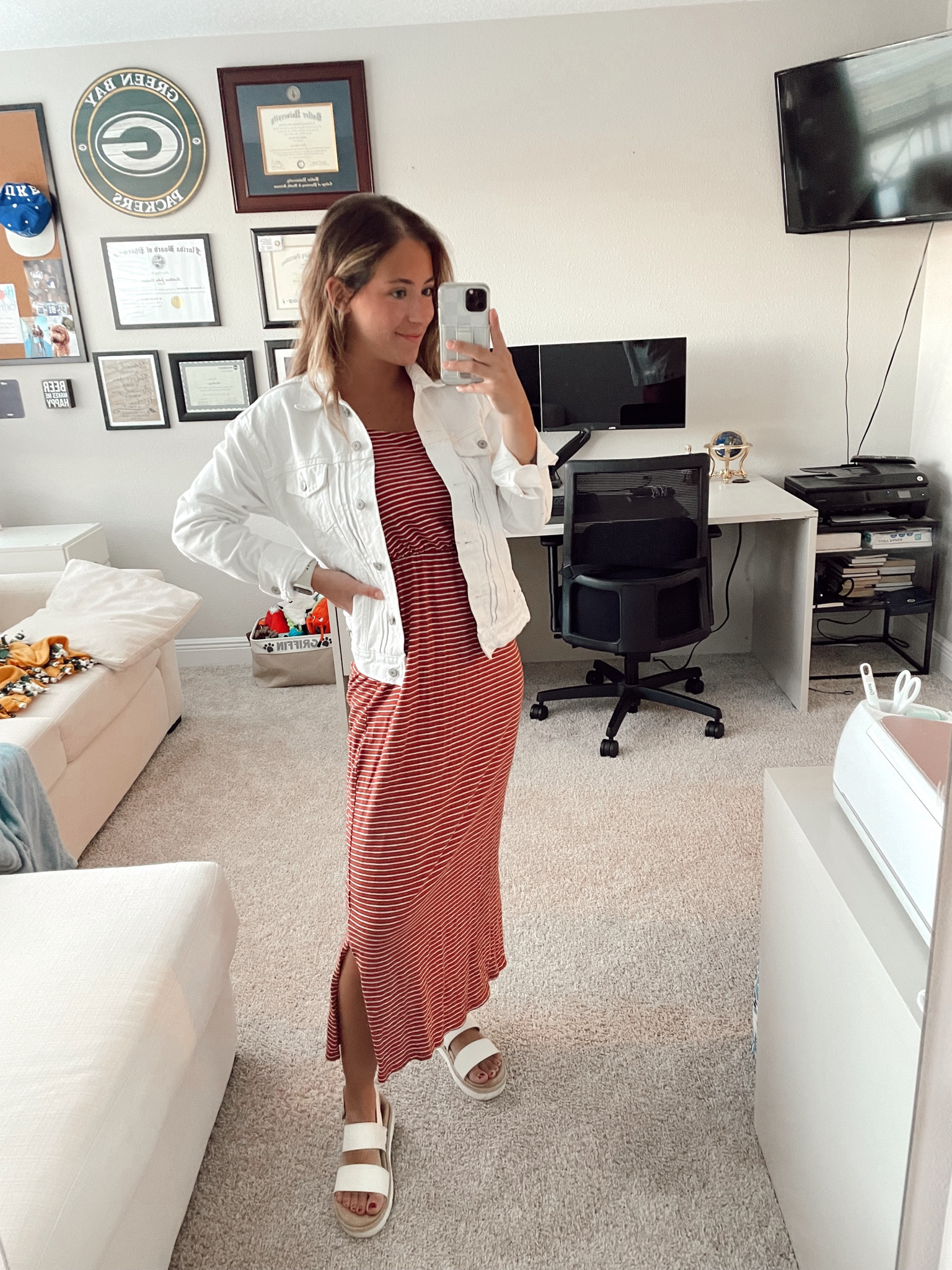 Casual sundress. Classroom outfit. Teacher dress. White jean jacket. Midi dress. Vacation dress  