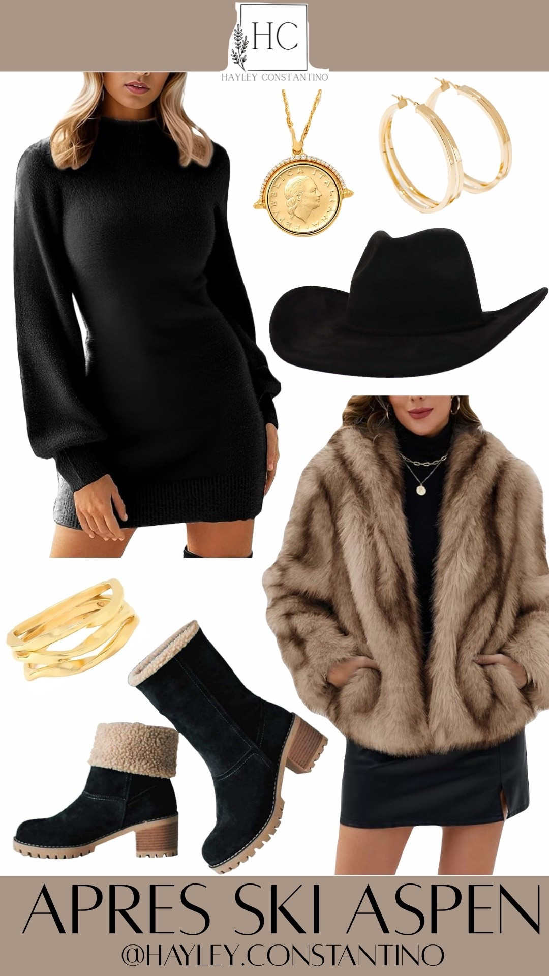 This look is effortlessly luxe, warm, and undeniably cozy.
The oversized black sweater dress hugs in all the right places while staying cozy enough for snowy streets or fireside cocktails. Layered with a plush faux fur jacket, it gives that rich, elevated mountain-chic look without trying too hard.
Gold details take it up a level — chunky hoops, a coin pendant necklace, and a statement gold ring add just the right amount of shine. The wide-brim black cowboy hat makes it bold, confident, and very “cowgirl chic” The shearling-lined boots are both cute and practical

Perfect for:
• Aspen & Tahoe trips
• Winter date nights
• Holiday shopping days
• Weekend getaways
• coffee runs