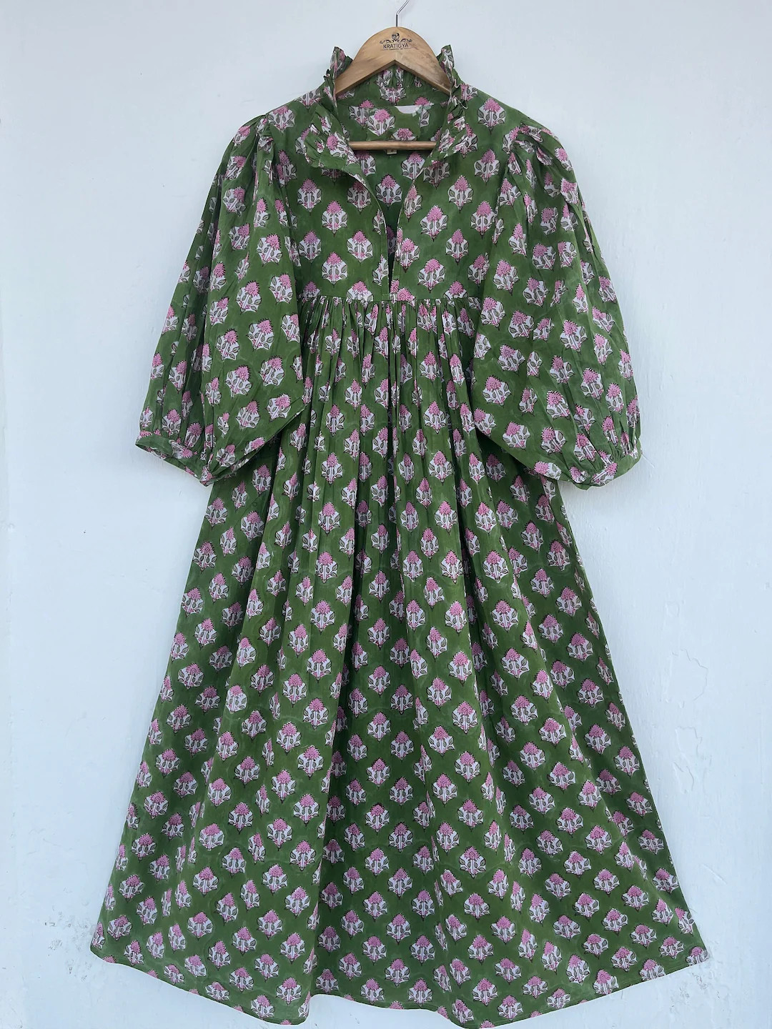 Printed Cotton Maxi Dress - V Neckline Maxi Dress - 3/4th Sleeve With Buttons Maxi Dress - Etsy | Etsy (US)