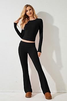 Women's Yoga Lounge Sets Crew Neck Long Sleeve Crop Tee and Low Rise Flare Pants Tracksuit Slim F... | Amazon (US)