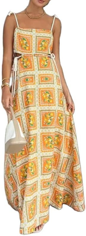 Women Graphic Maxi Cami Dress Spaghetti Strap Floral Boho Long Dress Flowy Summer Holiday Beach D... | Amazon (US)