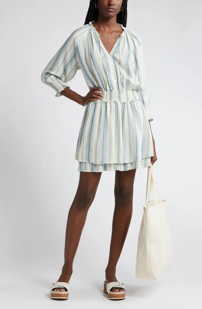 Crystal Stripe Smocked Waist Linen Blend Blouson Dress | Nordstrom