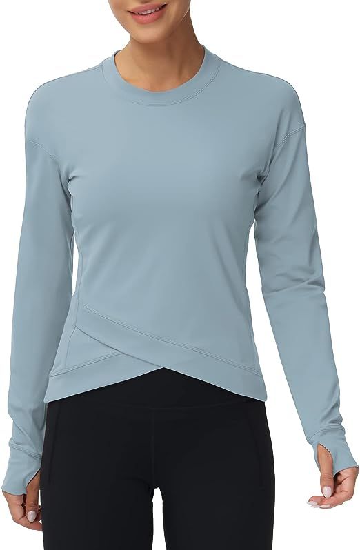 Women's Long Sleeve Compression Shirts Workout Tops Cross Hem Athletic Running Yoga T-Shirts with... | Amazon (US)