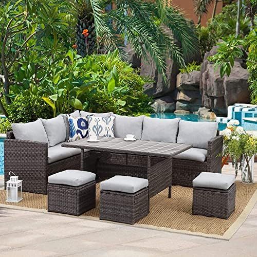 Amazon.com: Wisteria Lane Patio Furniture Set, 7 Piece Outdoor Dining Sectional Sofa with Dining ... | Amazon (US)