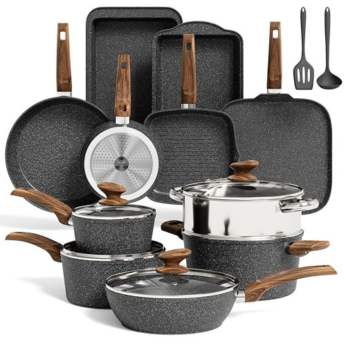 MAISON ARTS 17 Piece Pots and Pans Set Non Stick, Kitchen Cookware Sets with Nonstick Granite Stone Coating, Suitable for Induction Cooktops, Black | Amazon (US)