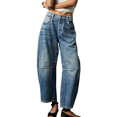 Women's Baggy Wide Leg Jeans Barrel Horseshoe Boyfriend Cropped Raw Hem Denim Pants Trendy Vintage Jeans Dark Blue | Amazon (US)