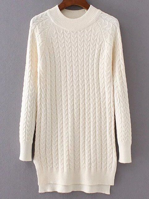 White Cable Knit Raglan Sleeve Dip Hem Long Sweater | Romwe