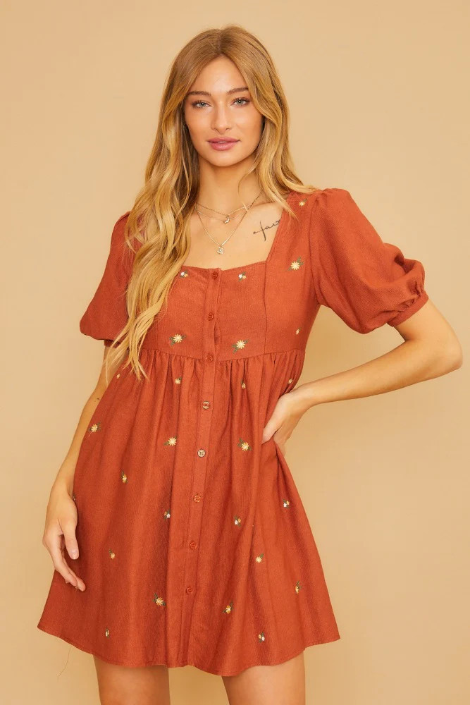 Rust Ribbed Button Front Flower Embroidered Dress | PinkBlush Maternity