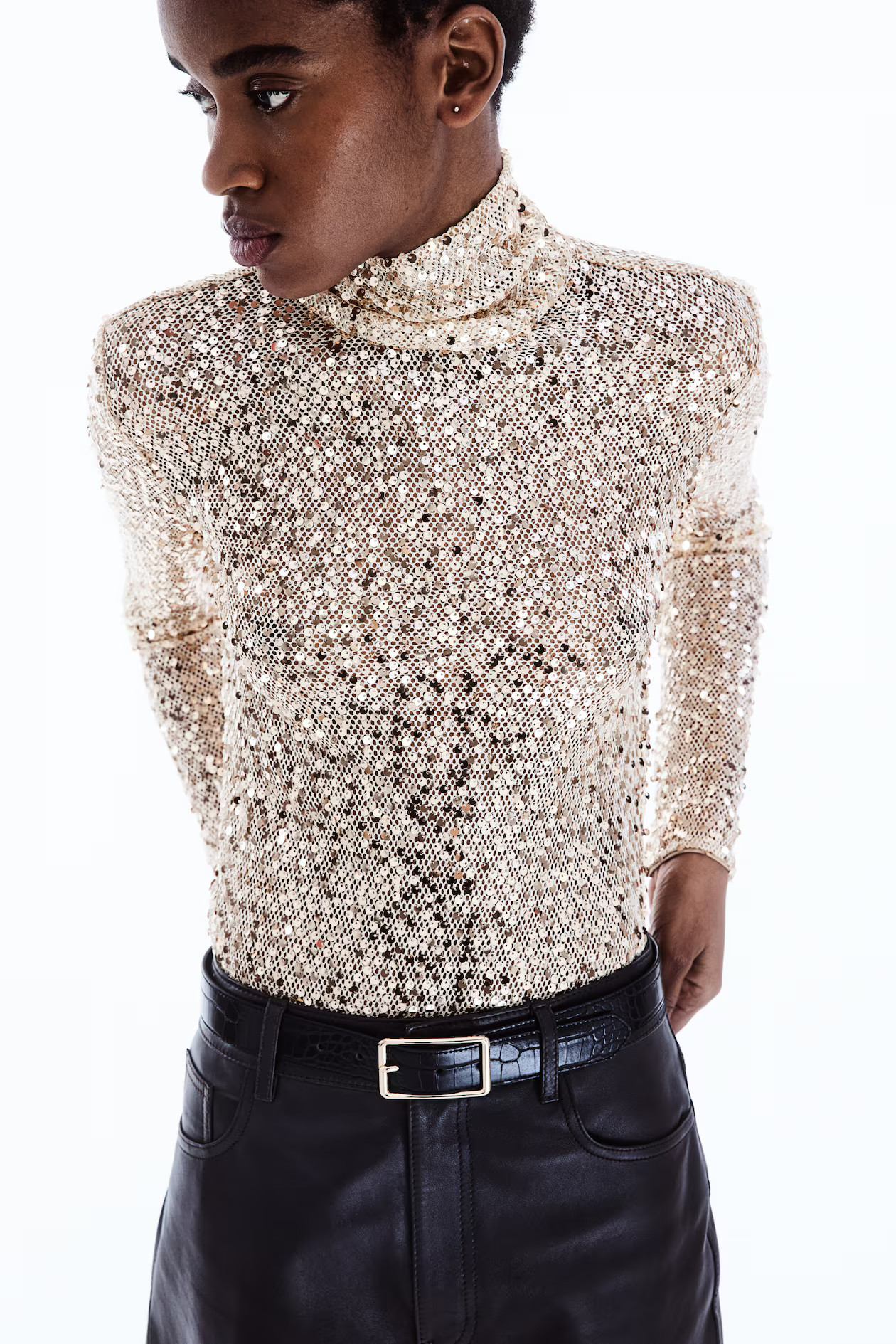 Sequined turtleneck top - Light beige/gold-colored - Ladies | H&M US | H&M (US + CA)