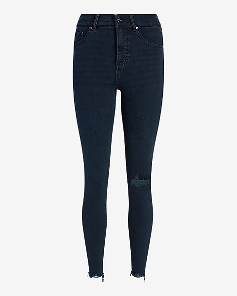 High Waisted Dark Wash Ripped Raw Hem Supersoft Skinny Jeans | Express