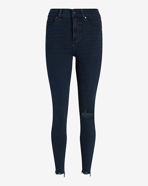 High Waisted Dark Wash Ripped Raw Hem Supersoft Skinny Jeans | Express
