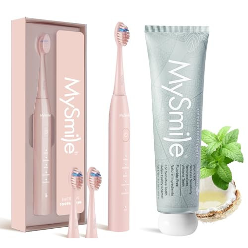 MySmile DY156 Electric Toothbrush and Fluoride Free Toothpaste, Rechargeable Sonic Battery Toothbrush Portable with 3 Brush Heads, 2 Mins 5 Modes Smart Timer, 45000VPM, One Charge for 60 Days - Pink | Amazon (US)