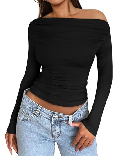 Long Sleeve Shirts for Women Off The Shoulder Going Out Tops for Women Black M | Amazon (US)