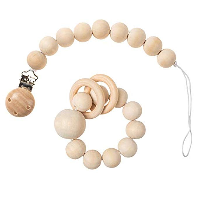 Funny Supply Wooden Pacifier Clip Holder and Teething Rattle Set for Newborn Babies Natural Raw Bead | Amazon (US)