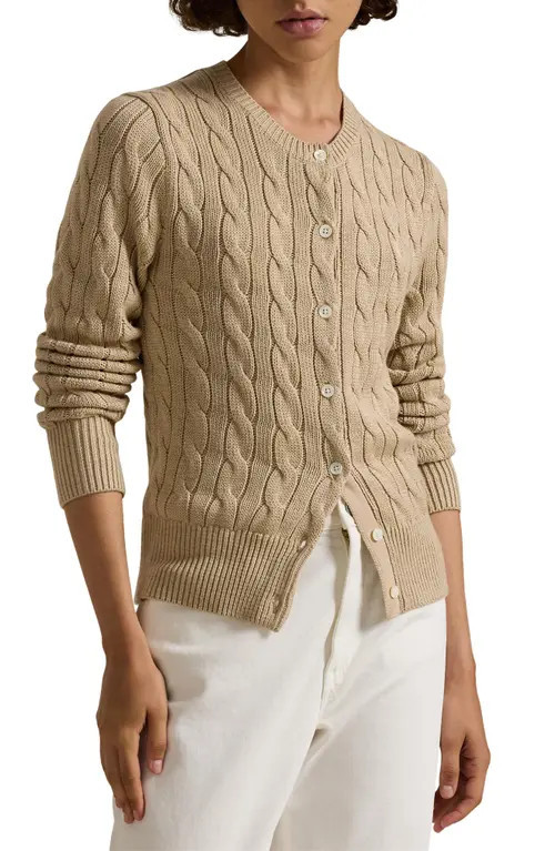Polo Ralph Lauren Cable Stitch Cotton Cardigan in Light Saddle Heather at Nordstrom, Size X-Small | Nordstrom
