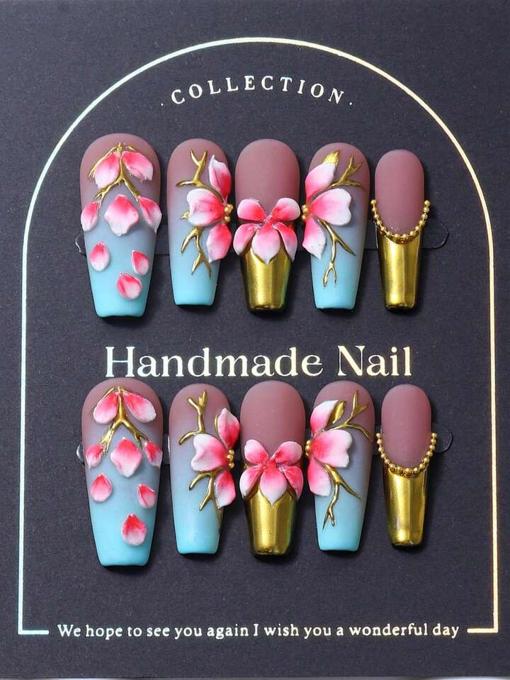 10pcs/Set Press On Nails, Long Stiletto Tips, Hand Painted Gold French Ombre, 3D Plum Blossom Design, Y2K Vibes, Baddie Style, Luxe Handcrafted Nails Classy And Chic, Perfect For Ladies And Gals. | SHEIN