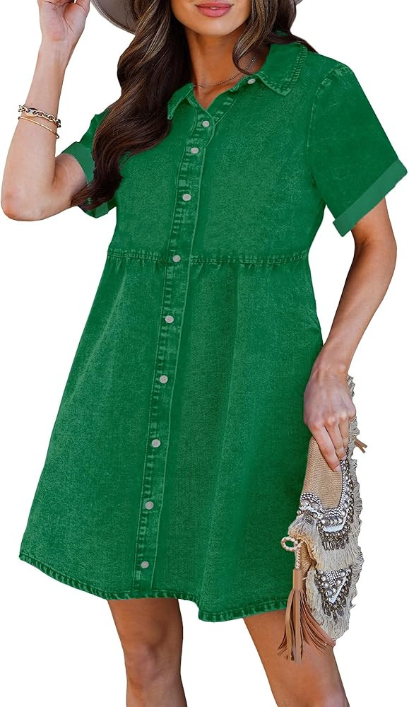 luvamia Women's Casual Short Sleeve Button Down Tiered Denim Babydoll Jean Dress | Amazon (US)