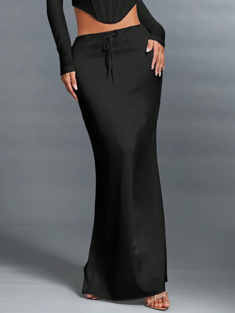 SHEIN BAE Satin Mermaid Style Low Waist Elegant Long Party Skirt For Dating | SHEIN