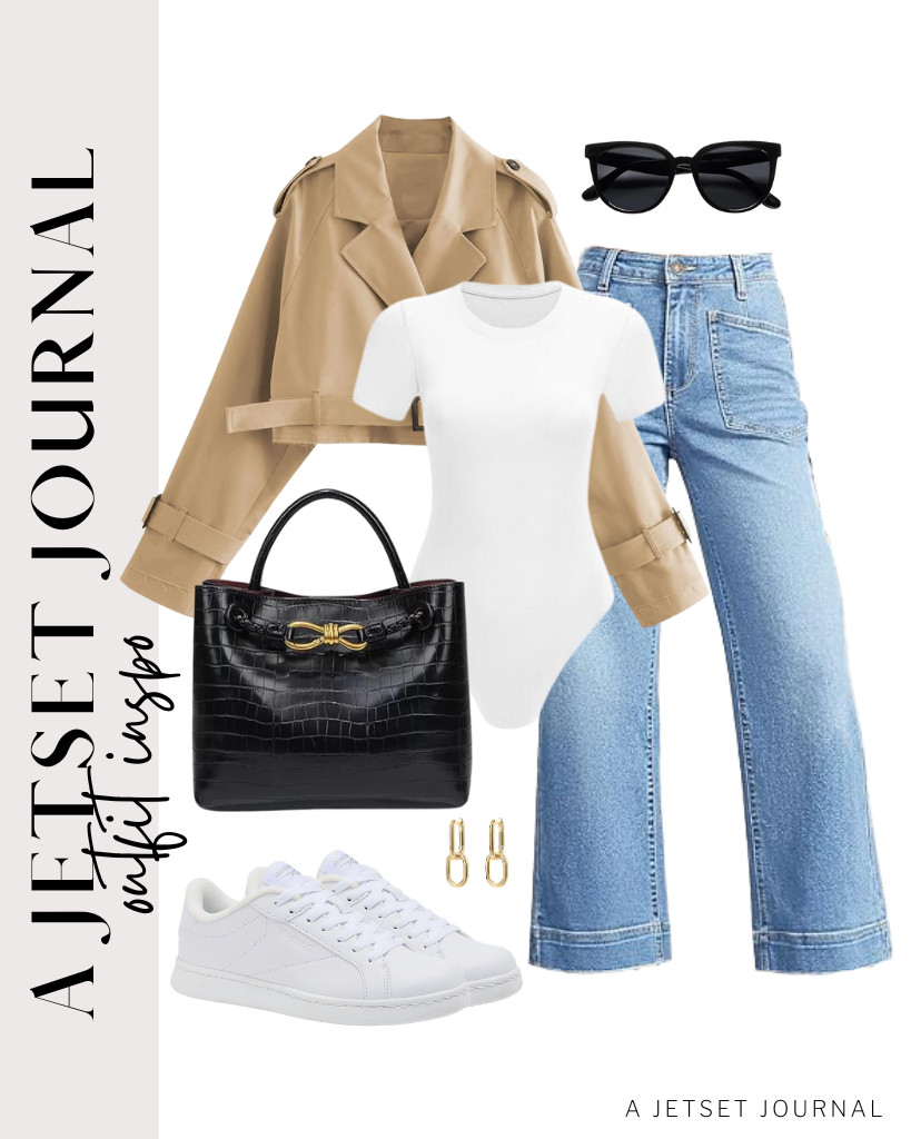 You can also layer this khaki cropped trench coat over a white short-sleeve bodysuit. Pair it with Cicy Bell wide-leg jeans and Reebok Shadoray sneakers. We love this woven tote bag that goes with this fit. Finish the look with PAVOI dangle hoop earrings. 

 #LTKSeasonal #LTKSaleAlert #LTKTravel