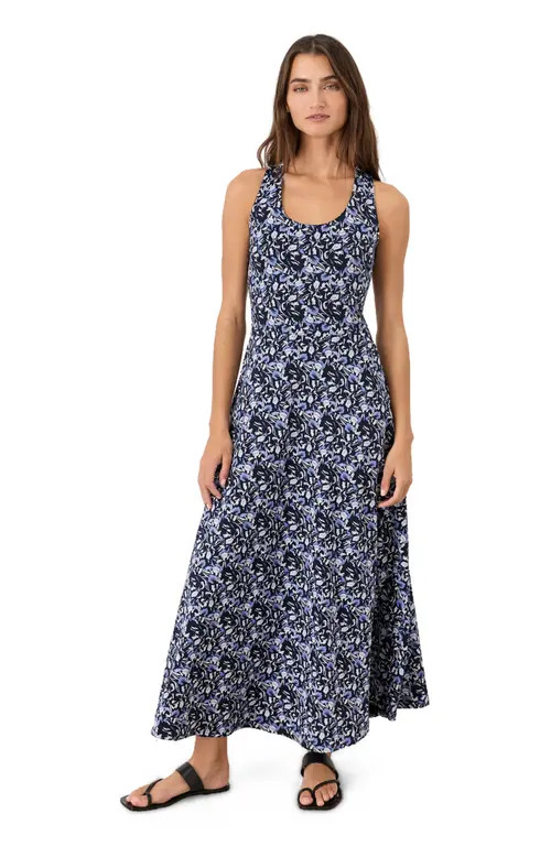 Pact Fit & Flare Open Back Maxi Dress Made With Organic Cotton in Paradise Petals Navy Blue at Nordstrom, Size Small | Nordstrom