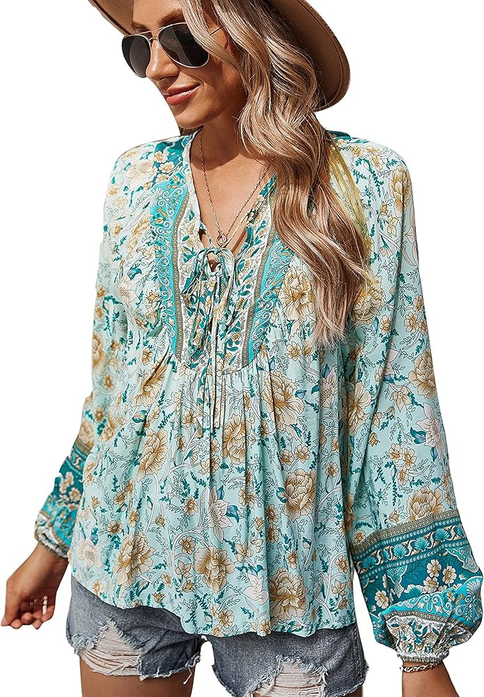 KAYWIDE Women's Casual Boho V Neck Top Loose Floral Printed Long Sleeve Beach Shirts Blouses | Amazon (US)