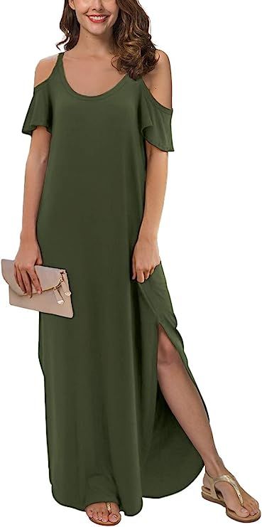 GRECERELLE Women's Summer Casual Loose Long Dress Strapless Strap Cold Shoulder Short Sleeve Spli... | Amazon (US)