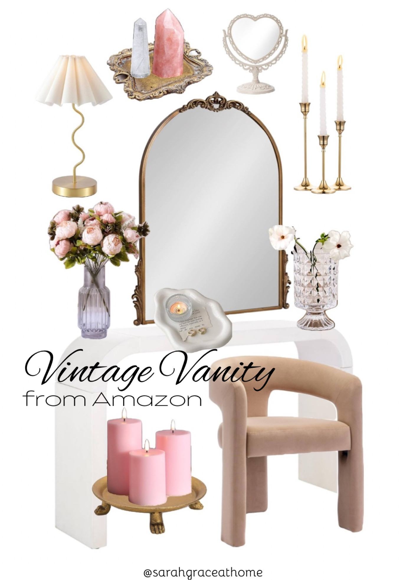  a beautifully curated vintage-inspired vanity setup with elegant and feminine decor pieces, all sourced from Amazon. The aesthetic blends Parisian, romantic, and antique styles, featuring a white modern vanity desk paired with a plush beige boucle chair for a luxurious touch.

At the center is an ornate gold-framed mirror, adding a vintage charm. A heart-shaped tabletop mirror enhances the delicate, romantic feel. Surrounding the vanity are crystals (rose quartz and clear quartz) on an intricate gold tray, emphasizing a spiritual and aesthetic touch.

Soft, ambient lighting is provided by a curvy gold table lamp with a pleated shade and a trio of gold candle holders with white twisted taper candles. Decorative accents include pink pillar candles on a gold footed tray, a lavender ribbed glass vase filled with pink peonies, and a cut-glass goblet-style vase with white flowers, enhancing the soft, feminine, and vintage aesthetic.

A ceramic trinket dish with a tealight candle and jewelry adds a practical yet stylish element to the vanity. The overall theme is romantic, elegant, and vintage-inspired, perfect for a chic and cozy vanity space.

This setup is ideal for those who love vintage home decor, soft feminine aesthetics, and elegant vanity styling.

#LTKHome #LTKGiftGuide #LTKFindsUnder50
