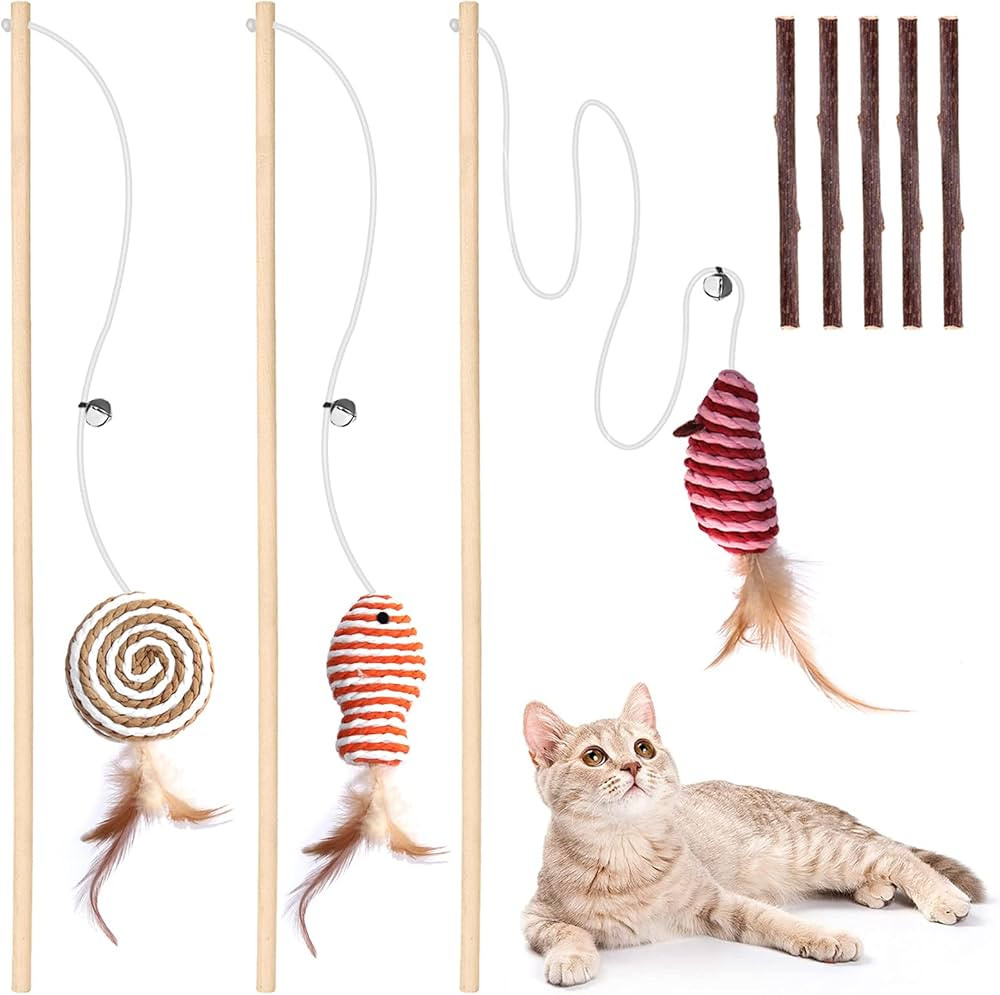 Cat Toys for Indoor Cats - 3pcs 16 Inch Natural Wood Teaser Wand With Refills for Kitten Exercise... | Amazon (US)