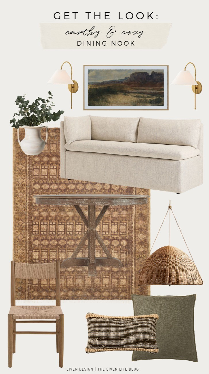 Earthy cozy dining room nook. Breakfast nook. Upholstered banquette. Moody landscape painting. Neutral patterned rug. Pedestal dining. Woven wood dining chair. Vase. Wall sconce 

#LTKSeasonal #LTKHome #LTKSaleAlert