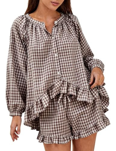 COZYPOIN Gingham 2 Piece Lounge Sets for Womens Cotton Ruffle Sleepwear Long Sleeve Button Down Top and Shorts Matching Sets(Coffee-M) | Amazon (US)