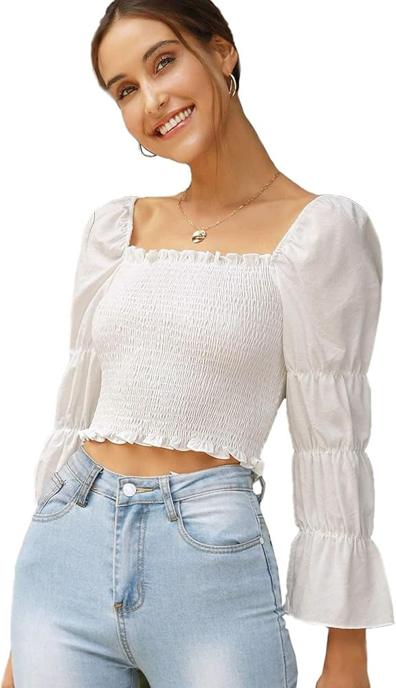 Floerns Women's Square Neck Puff Sleeve Shirred Blouse Crop Top | Amazon (US)