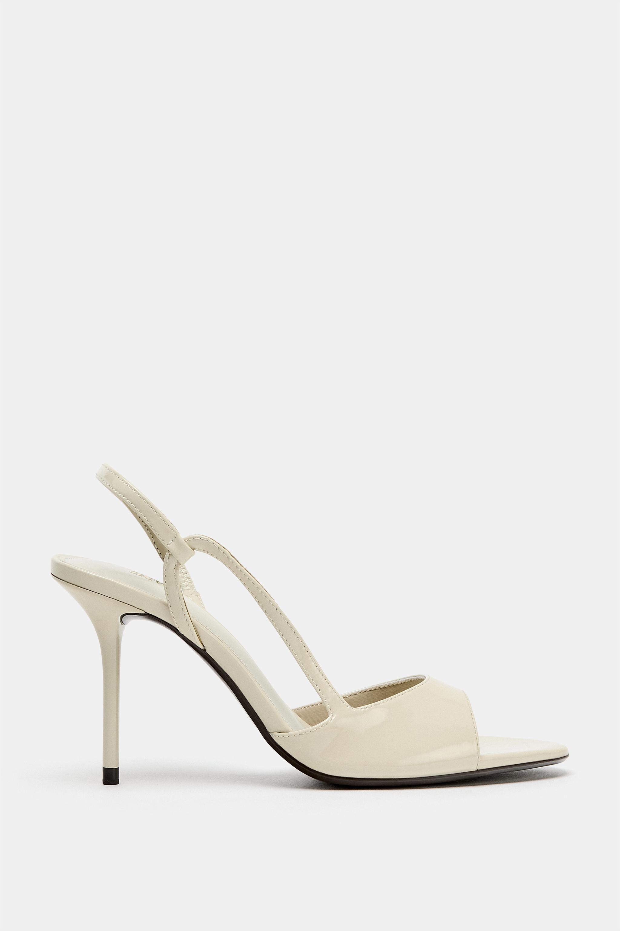 High thin-heeled sandals. Patent finish. Wide front strap. Back strap with elastic detail. Round ... | Zara US