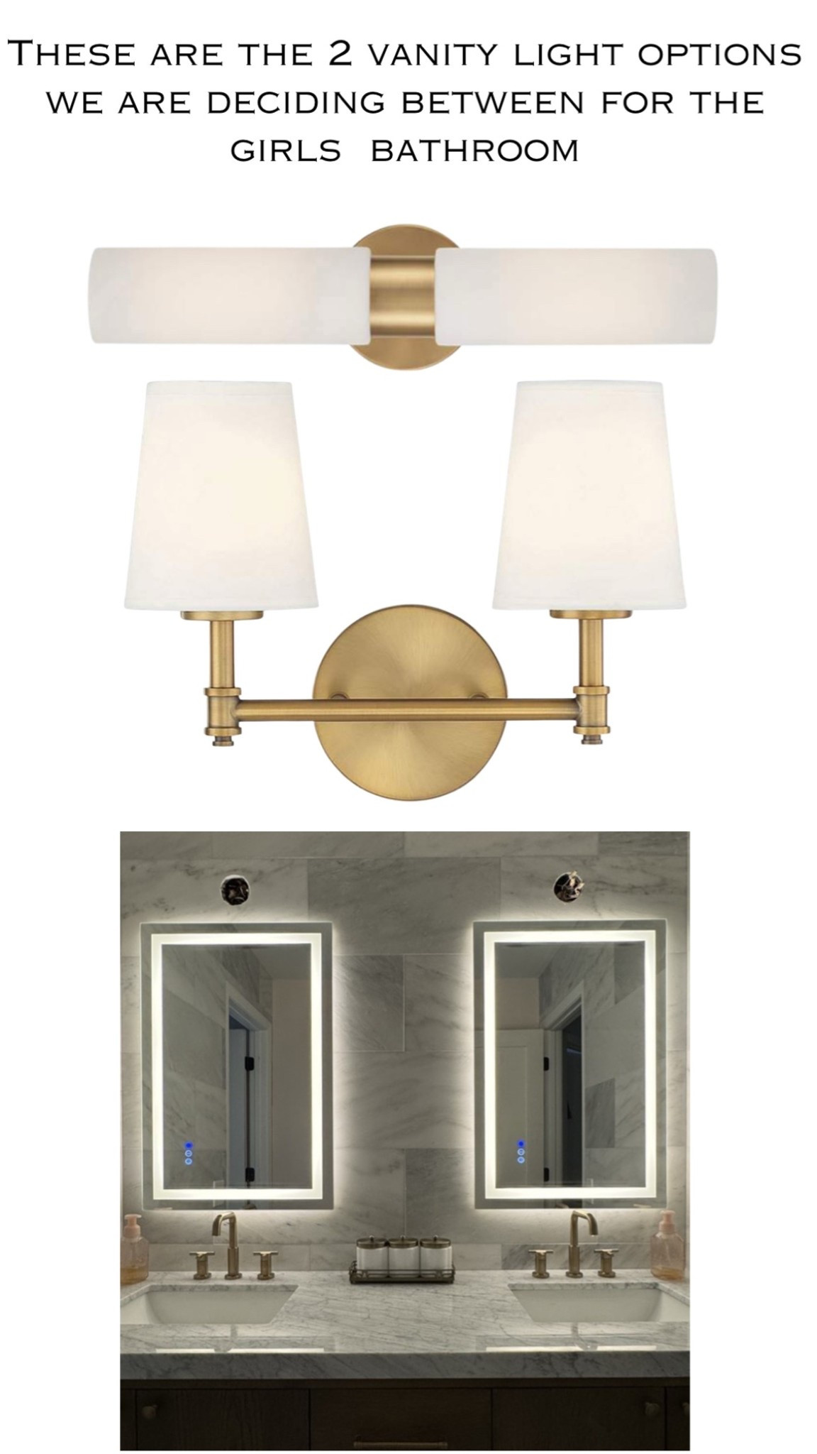 These are the two vanity lights we are deciding between for the Girls  bathroom. I ordered both options so I can hold them up to decide. 🤪

#LTKdayinmylife #LTKHome #LTKSaleAlert