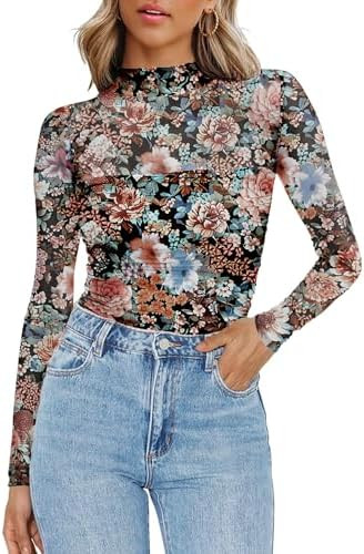 Zeagoo Womens Mesh Sheer Long Sleeve Top Mock Turtle Neck See Though Shirts Ruched Sexy Casual Go... | Amazon (US)