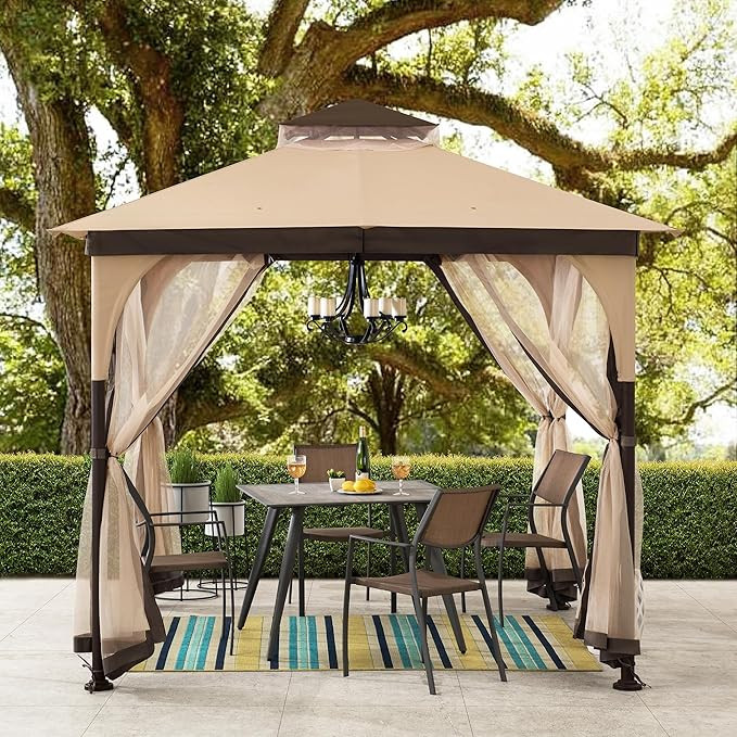 Sunjoy 9 ft. x 9 ft. Gazebo with 2-Tier Canopy Roof, Steel Frame Soft top Gazebo with Ceiling Hoo... | Amazon (US)