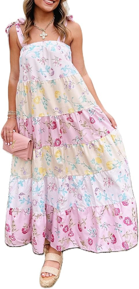 Women Summer Vocation Boho Floral Long Dress Sleeveless Flowy Tiered A Line Maxi Sundress Going O... | Amazon (US)