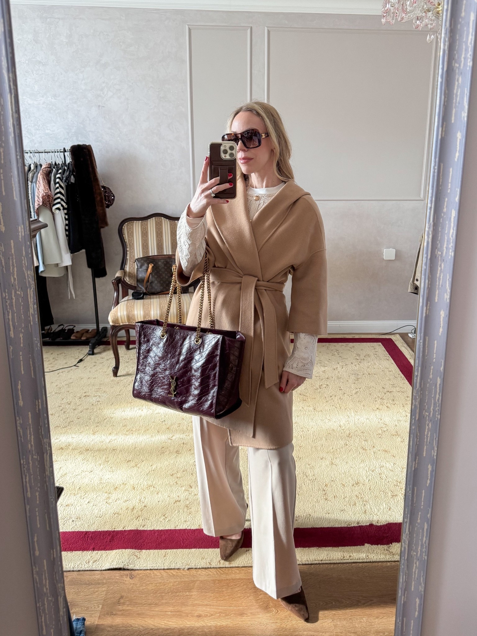 Work outfit, spring workwear, camel coat, crochet lace cardigan, suede slingbacks, burgundy YSL tote 

#LTKOver40 #LTKootd #LTKSeasonal