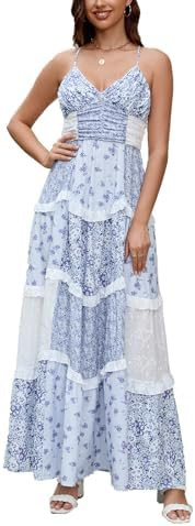 Women Floral Patchwork Maxi Dress V Neck Sleeveless Cross Back Spaghetti Strap Tiered Sundress Su... | Amazon (US)