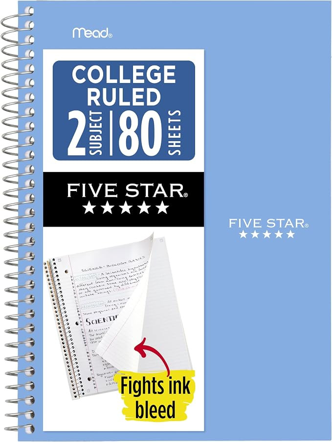 Five Star Spiral Notebook, 2 Subject, College Ruled Paper, 6" x 9.5", 80 Sheets, Blue (Color May ... | Amazon (US)