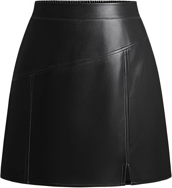 Kate Kasin Women Faux Leather Mini Skirt High Waisted A Line Short Skirt with Slit for Casual Wor... | Amazon (US)