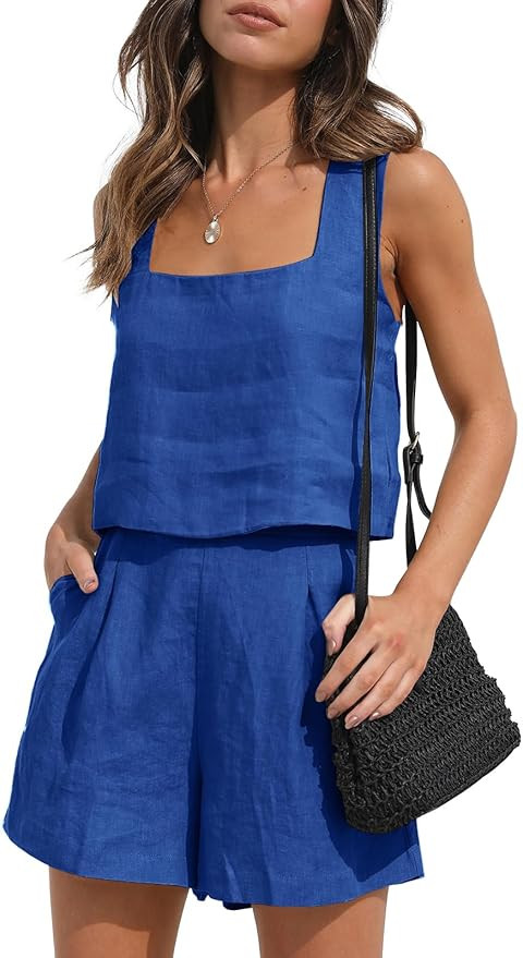 AUTOMET Womens 2 Piece Outfits Lounge Matching Sets Two Piece Linen Shorts Crop Tops 2023 Trendy ... | Amazon (US)