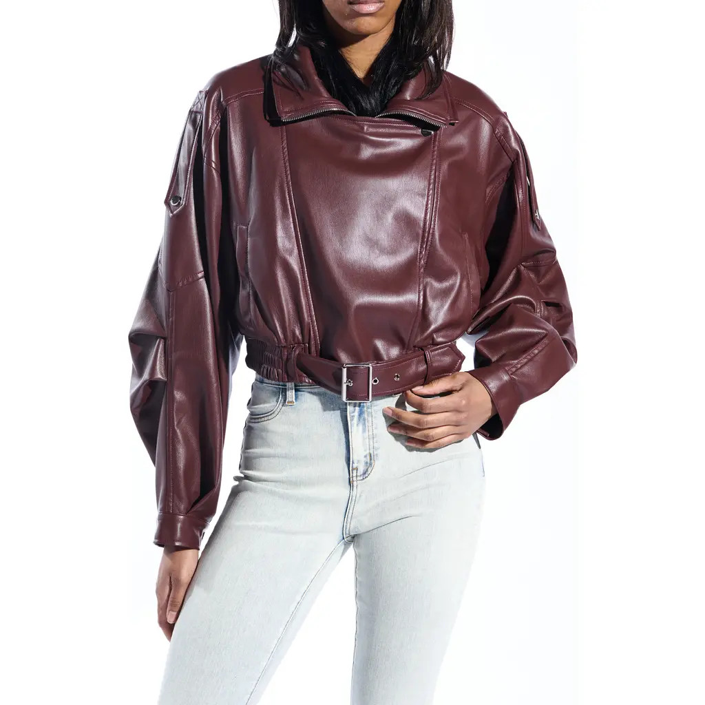 AZALEA WANG Faux Leather Moto Jacket in Burgundy at Nordstrom, Size Medium | Nordstrom