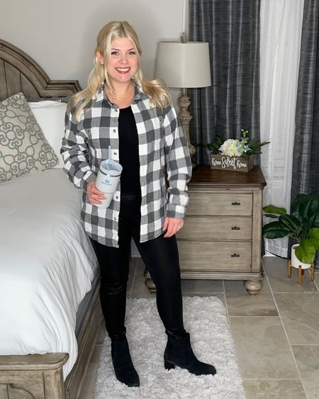 Love this textured look! Paired my #blackbodysuit with vegan leather leggings, #blackboots and a flannel. Great fall outfit for running errands or working from home. 🖤 

#boots #leather #flannel #buffalocheck 

#LTKsalealert #LTKxPrime #LTKSeasonal