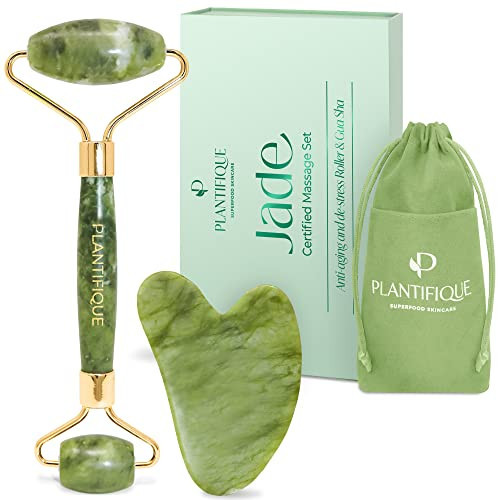 PLANTIFIQUE Jade Roller & Gua Sha Set – Real Jade Facial Tools for Skin Care Routine – Certified Face Massager for Radiant Skin | Amazon (US)